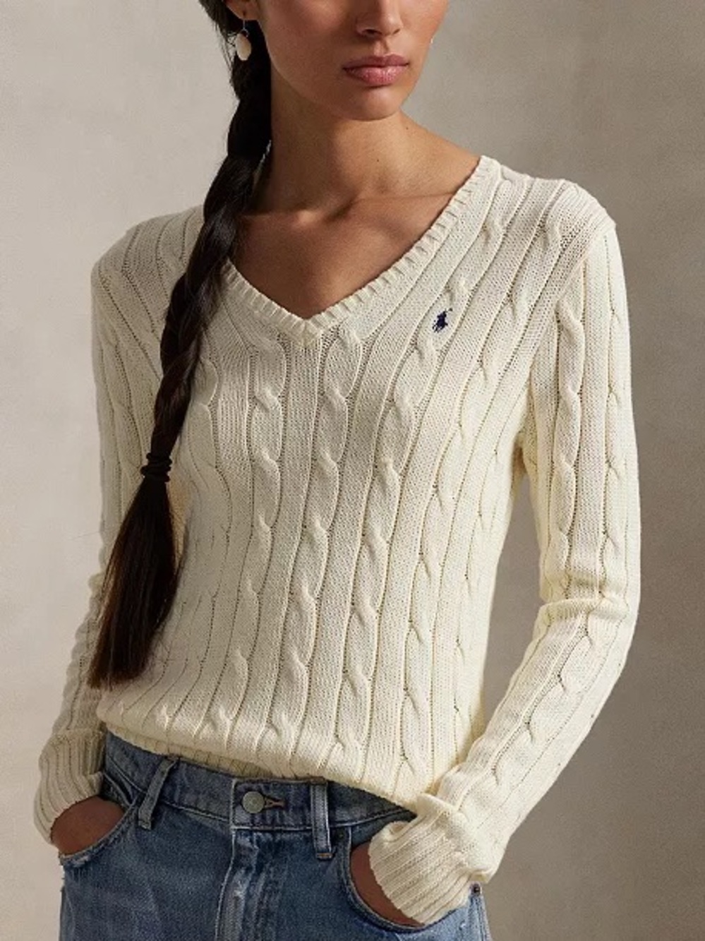 Polo Ralph Lauren Sweater Women’s M Cable-Knit Cotton V-Neck Cream Pony Preppy